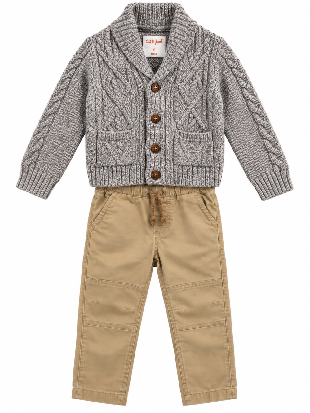 Cat & Jack Boys 2T Cable Knit Cardigan Khaki Pants 2 Piece Outfit Set